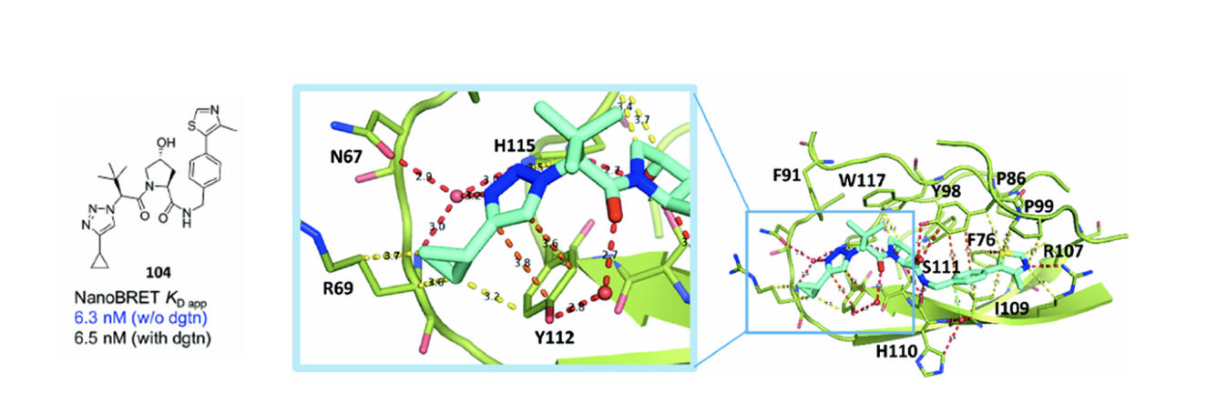 Structure of compound 104 and the interactions of the optimised LHS with VHL