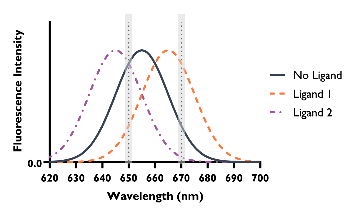 A graph of wavelength vs Fluorescence intensity for spectral shift